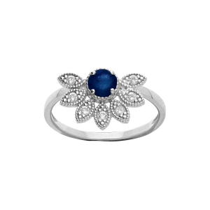 BAGUE ARGENT RHODIÉ DEMI FLEUR SAPHIR VÉRITABLE ET TOPAZES BLANCHES