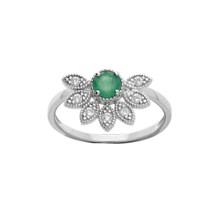 BAGUE ARGENT RHODIÉ DEMI FLEUR EMERAUDE VÉRITABLE ET TOPAZES BLANCHES