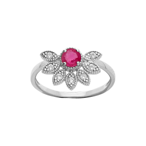 BAGUE ARGENT RHODIÉ DEMI FLEUR RUBIS VÉRITABLE ET TOPAZES BLANCHES