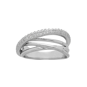 BAGUE ARGENT PLATINÉ GRAND DIAMETRE CROISÉE OXYDES BLANCS SERTIS