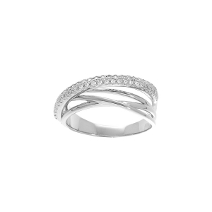 BAGUE ARGENT PLATINÉ GRAND DIAMETRE CROISÉE OXYDES BLANCS SERTIS