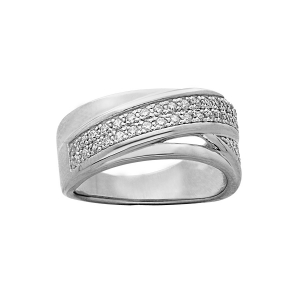 BAGUE ARGENT PLATINÉ GRAND DIAMETRE CROISÉE OXYDES BLANCS SERTIS