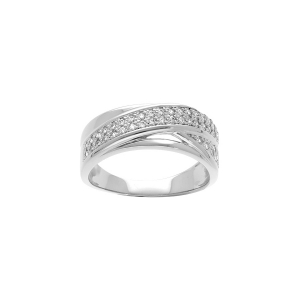 BAGUE ARGENT PLATINÉ GRAND DIAMETRE CROISÉE OXYDES BLANCS SERTIS