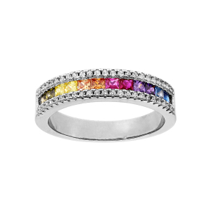 BAGUE ARGENT RHODIÉ DEMI RAIL EMPIERRES MULTI COULEURS ET OXYDES BLANCS SERTIS