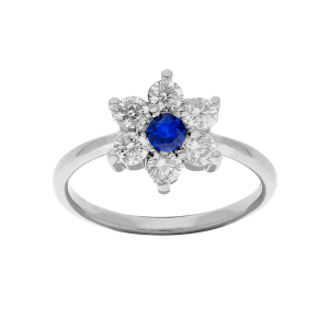 BAGUE ARGENT RHODIÉ FLEUR MARGUERITE OXYDES CENTRE BLEU FONCÉ ET CONTOUR BLANCS SERTIS