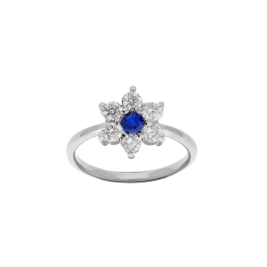 BAGUE ARGENT RHODIÉ FLEUR MARGUERITE OXYDES CENTRE BLEU FONCÉ ET CONTOUR BLANCS SERTIS