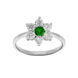 BAGUE ARGENT RHODIÉ FLEUR MARGUERITE OXYDES CENTRE VERT ET CONTOUR BLANCS SERTIS