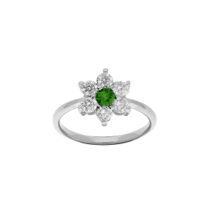 BAGUE ARGENT RHODIÉ FLEUR MARGUERITE OXYDES CENTRE VERT ET CONTOUR BLANCS SERTIS