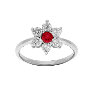 BAGUE ARGENT RHODIÉ FLEUR MARGUERITE OXYDES CENTRE ROUGE ET CONTOUR BLANCS SERTIS