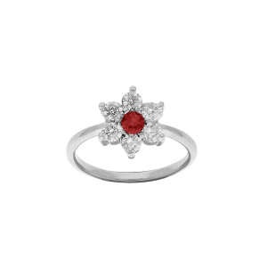 BAGUE ARGENT RHODIÉ FLEUR MARGUERITE OXYDES CENTRE ROUGE ET CONTOUR BLANCS SERTIS