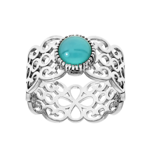 BAGUE ARGENT RHODIÉ LARGE FILIGRANE PIERRE RONDE SYNTHETIQUE BLEU