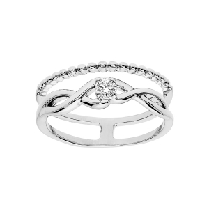 BAGUE ARGENT RHODIÉ DOUBLE CROISÉE OXYDES BLANCS SERTIS ET BOULE