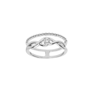 BAGUE ARGENT RHODIÉ DOUBLE CROISÉE OXYDES BLANCS SERTIS ET BOULE