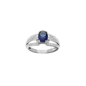 BAGUE ARGENT RHODIÉ GRAND DIAMETRE OXYDE CENTRAL BLEU ET 3 RAILS OXYDES BLANCS SERTIS