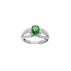 BAGUE ARGENT RHODIÉ GRAND DIAMETRE OXYDE CENTRAL VERT ET 3 RAILS OXYDES BLANCS SERTIS