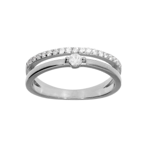 BAGUE ARGENT RHODIÉ MASSIF 2 RANGS 1 OXYDE BLANC SERTI ET 1 RAIL OXYDES BLANCS SERTIS
