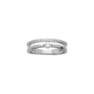 BAGUE ARGENT RHODIÉ MASSIF 2 RANGS 1 OXYDE BLANC SERTI ET 1 RAIL OXYDES BLANCS SERTIS