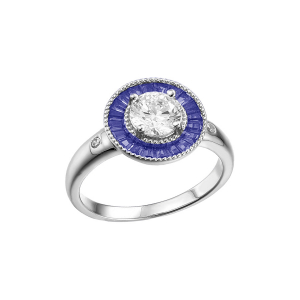 BAGUE ARGENT RHODIÉ RONDE CENTRE OXYDE BLANC ET CONTOUR OXYDES RECTANGULAIRES BLEUS
