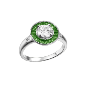 BAGUE ARGENT RHODIÉ RONDE CENTRE OXYDE BLANC ET CONTOUR OXYDES RECTANGULAIRES VERTS