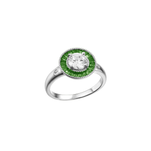 BAGUE ARGENT RHODIÉ RONDE CENTRE OXYDE BLANC ET CONTOUR OXYDES RECTANGULAIRES VERTS