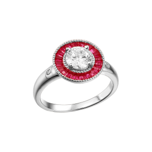 BAGUE ARGENT RHODIÉ RONDE CENTRE OXYDE BLANC ET CONTOUR OXYDES RECTANGULAIRES ROUGES