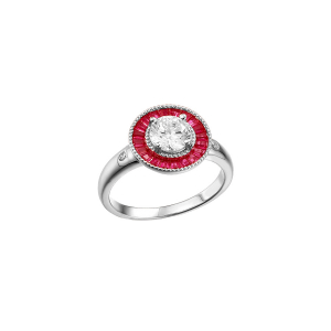 BAGUE ARGENT RHODIÉ RONDE CENTRE OXYDE BLANC ET CONTOUR OXYDES RECTANGULAIRES ROUGES