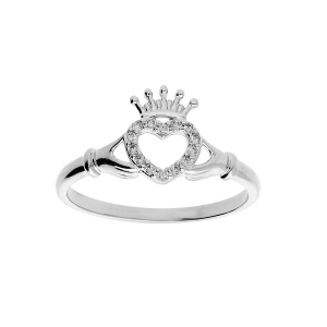 BAGUE ARGENT RHODIÉ CLADDAGH IRLANDE (AMITIE, AMOUR, LOYAUTÉ) AVEC OXYDES BLANCS SERTIS
