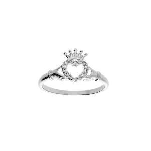 BAGUE ARGENT RHODIÉ CLADDAGH IRLANDE (AMITIE, AMOUR, LOYAUTÉ) AVEC OXYDES BLANCS SERTIS