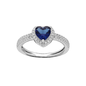 BAGUE ARGENT RHODIÉ COEUR 6MM OXYDE BLEU FONCÉ CONTOUR ET RAIL OXYDES BLANCS SERTIS