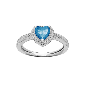 BAGUE ARGENT RHODIÉ COEUR 6MM OXYDE BLEU CIEL CONTOUR ET RAIL OXYDES BLANCS SERTIS