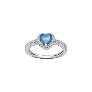 BAGUE ARGENT RHODIÉ COEUR 6MM OXYDE BLEU CIEL CONTOUR ET RAIL OXYDES BLANCS SERTIS