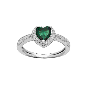 BAGUE ARGENT RHODIÉ COEUR 6MM OXYDE VERT CONTOUR ET RAIL OXYDES BLANCS SERTIS