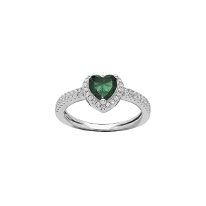 BAGUE ARGENT RHODIÉ COEUR 6MM OXYDE VERT CONTOUR ET RAIL OXYDES BLANCS SERTIS