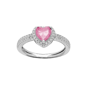 BAGUE ARGENT RHODIÉ COEUR 6MM OXYDE ROSE CONTOUR ET RAIL OXYDES BLANCS SERTIS