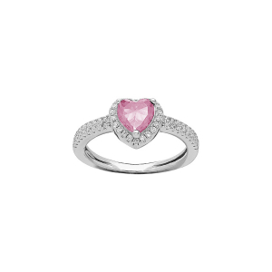 BAGUE ARGENT RHODIÉ COEUR 6MM OXYDE ROSE CONTOUR ET RAIL OXYDES BLANCS SERTIS