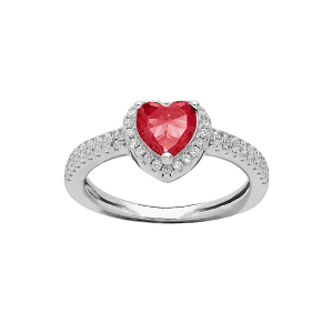 BAGUE ARGENT RHODIÉ COEUR 6MM OXYDE ROUGE CONTOUR ET RAIL OXYDES BLANCS SERTIS