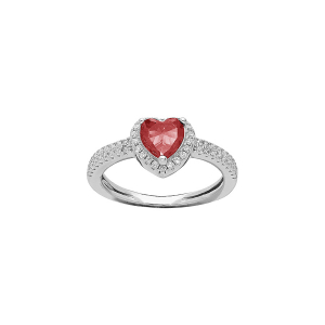 BAGUE ARGENT RHODIÉ COEUR 6MM OXYDE ROUGE CONTOUR ET RAIL OXYDES BLANCS SERTIS