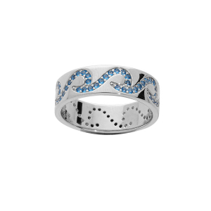 BAGUE ALLIANCE  ARGENT RHODIÉ ANNEAU VAGUES OXYDES BLEUS SERTIS