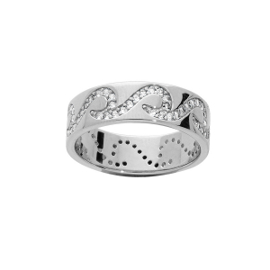 BAGUE ALLIANCE  ARGENT RHODIÉ ANNEAU VAGUES OXYDES BLANCS SERTIS