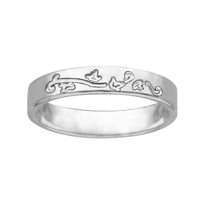 ALLIANCE ARGENT RHODIÉ RUBAN 4MM GRAVEE MOTIF FEUILLE DE LIERRE