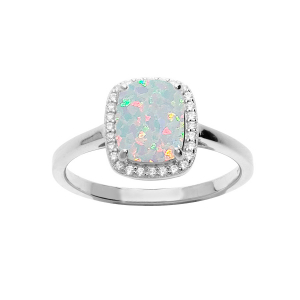 BAGUE ARGENT RHODIÉ CARRÉ OPALE BLANCHE IMITATION ET OXYDES BLANCS SERTIS