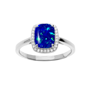 BAGUE ARGENT RHODIÉ CARRÉ OPALE BLEU FONCÉ IMITATION ET OXYDES BLANCS SERTIS