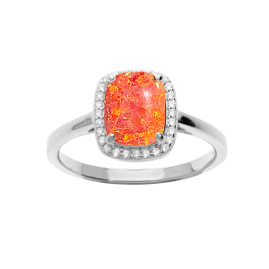 BAGUE ARGENT RHODIÉ CARRÉ OPALE ORANGE FONCÉ IMITATION ET OXYDES BLANCS SERTIS