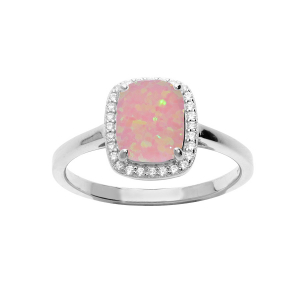 BAGUE ARGENT RHODIÉ CARRÉ OPALE ROSE IMITATION ET OXYDES BLANCS SERTIS