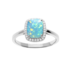 BAGUE ARGENT RHODIÉ CARRÉ OPALE TURQUOISE IMITATION ET OXYDES BLANCS SERTIS