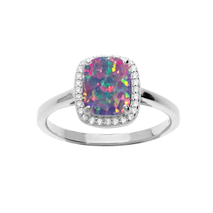 BAGUE ARGENT RHODIÉ CARRÉ OPALE VIOLET IMITATION ET OXYDES BLANCS SERTIS
