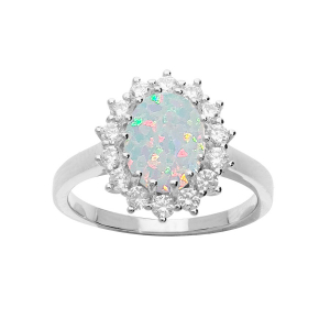 BAGUE ARGENT RHODIÉ OPALE BLANCHE IMITATION ET OXYDES BLANCS SERTIS