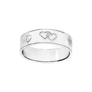 ALLIANCE ARGENT RHODIÉ RUBAN 6MM GRAVEE 2 COEURS ENTRELACES