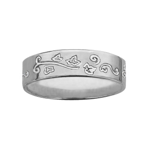 ALLIANCE ARGENT RHODIÉ RUBAN 6MM GRAVEE MOTIF FEUILLE DE LIERRE