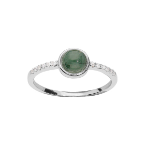 BAGUE ARGENT RHODIÉ CABOCHON JADE VERTE VERITABLE ET OXYDES BLANCS SERTIS